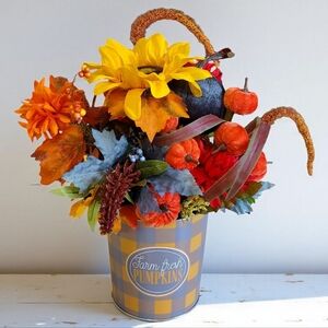 Autumn Harvest Floral Arrangement in Metal Bucket Sunflower Pumpkins